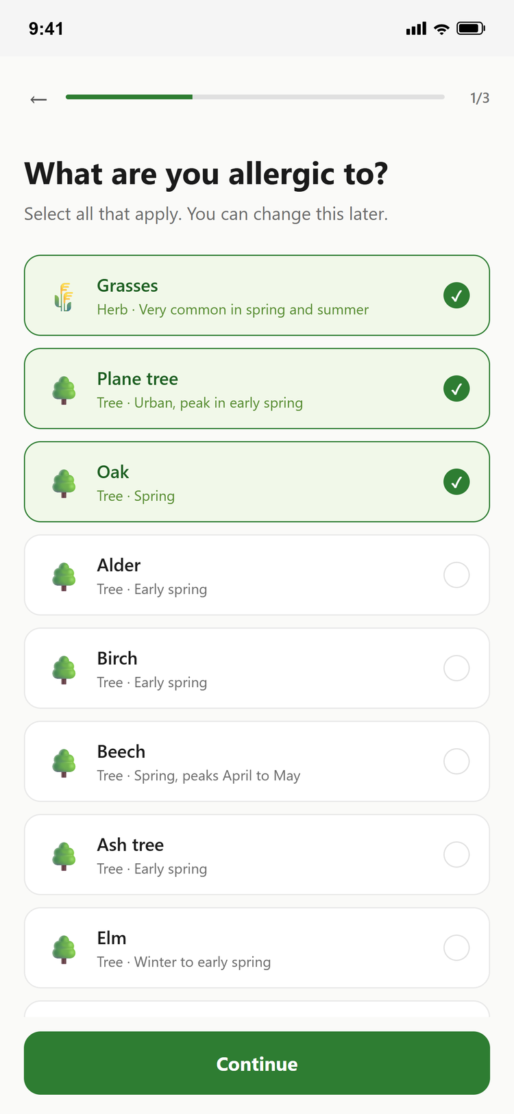 Allergen picker: choose the pollens you react to