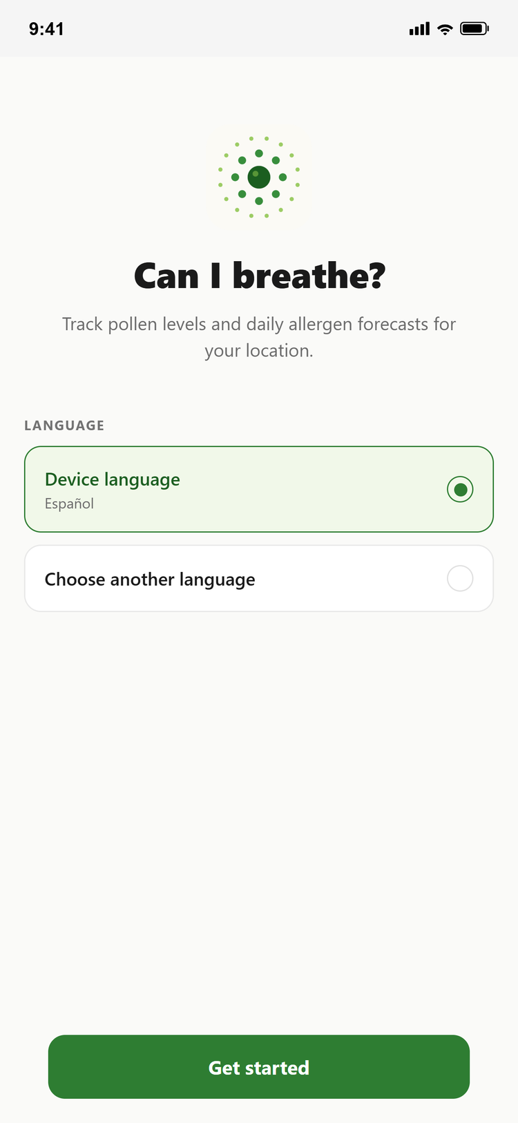 Language selection screen