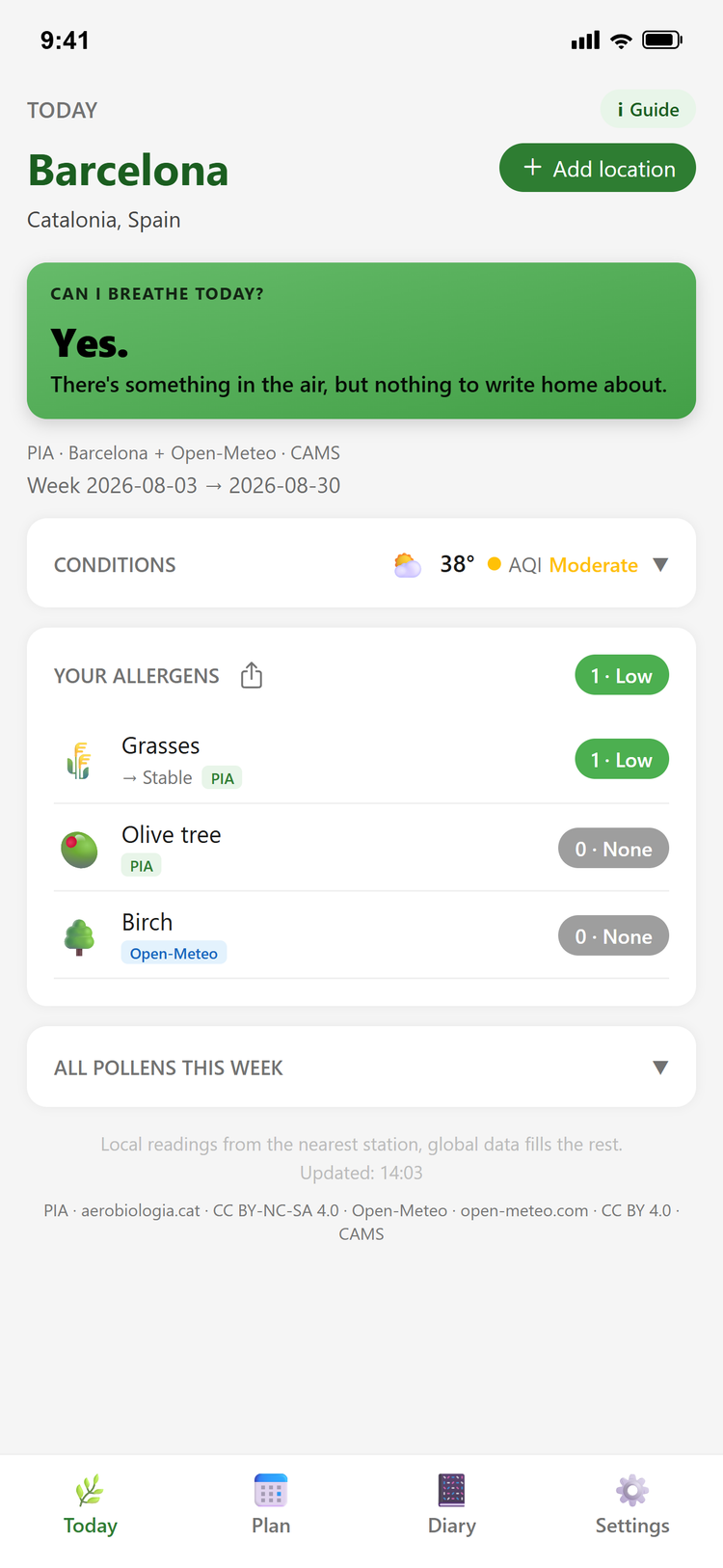 canIbreathe Today screen answering "Can I breathe today?" above the levels for your allergens