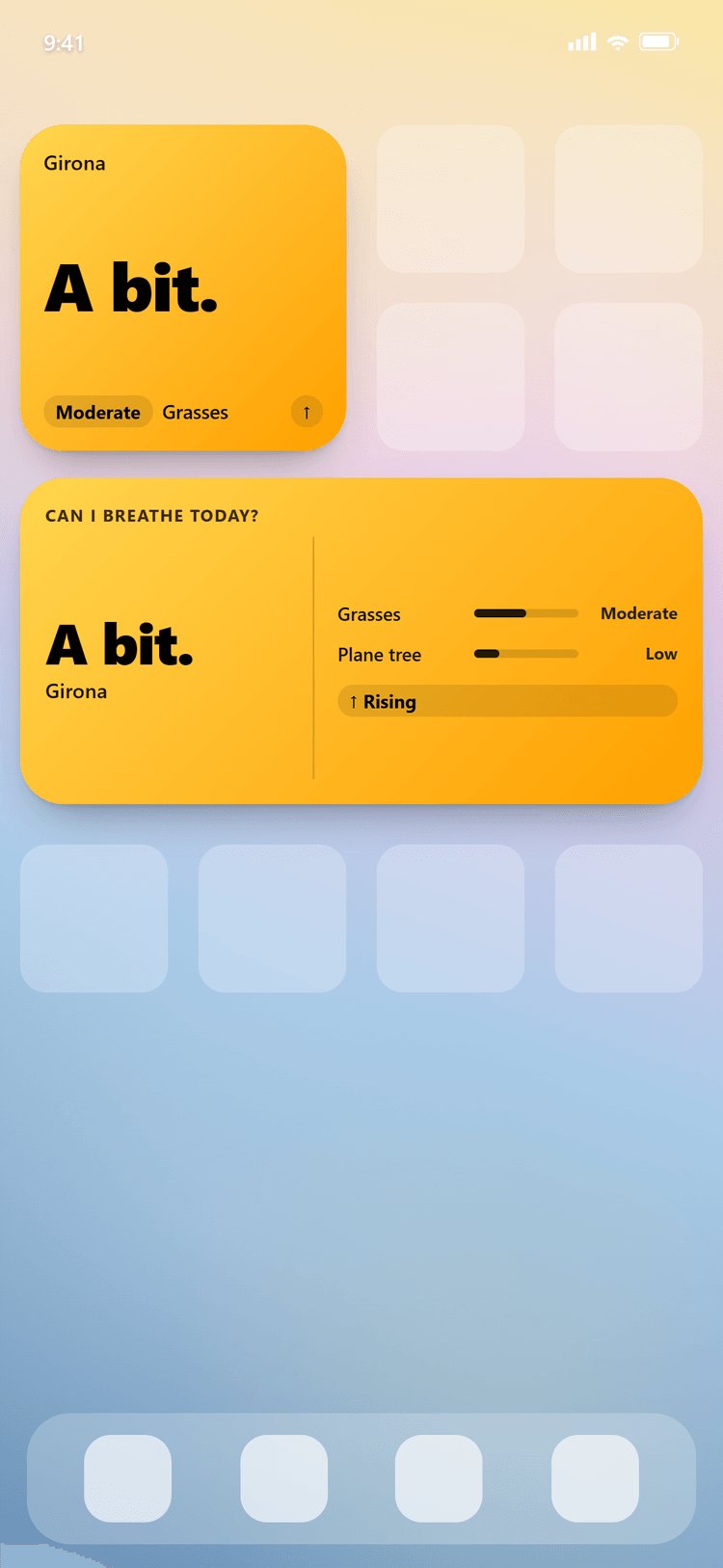 Home screen with the canIbreathe widget in both sizes, showing today's verdict and top allergens
